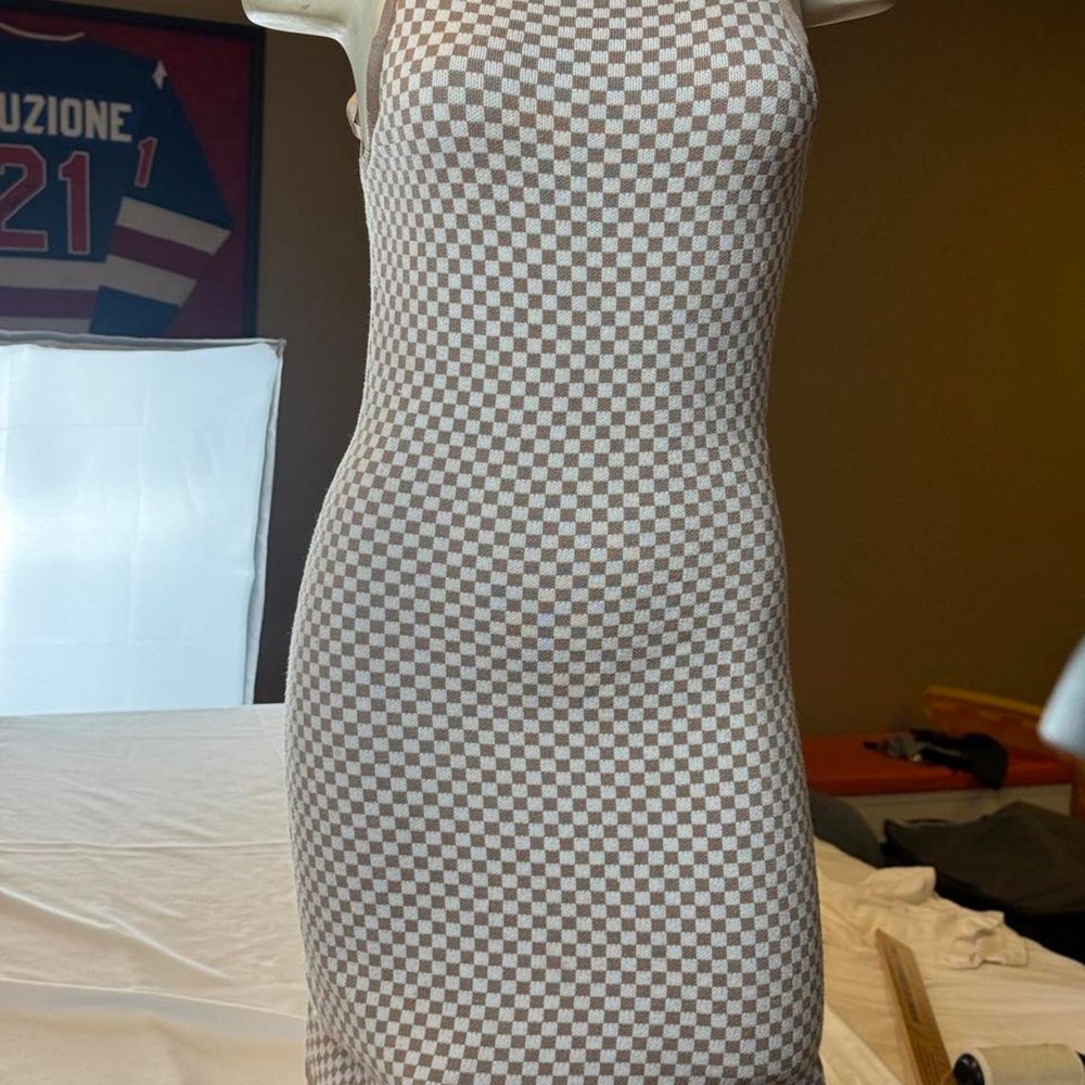 Brown Cream Checkerboard Knit Mini Dress Y2K Bodycon 90s Mod